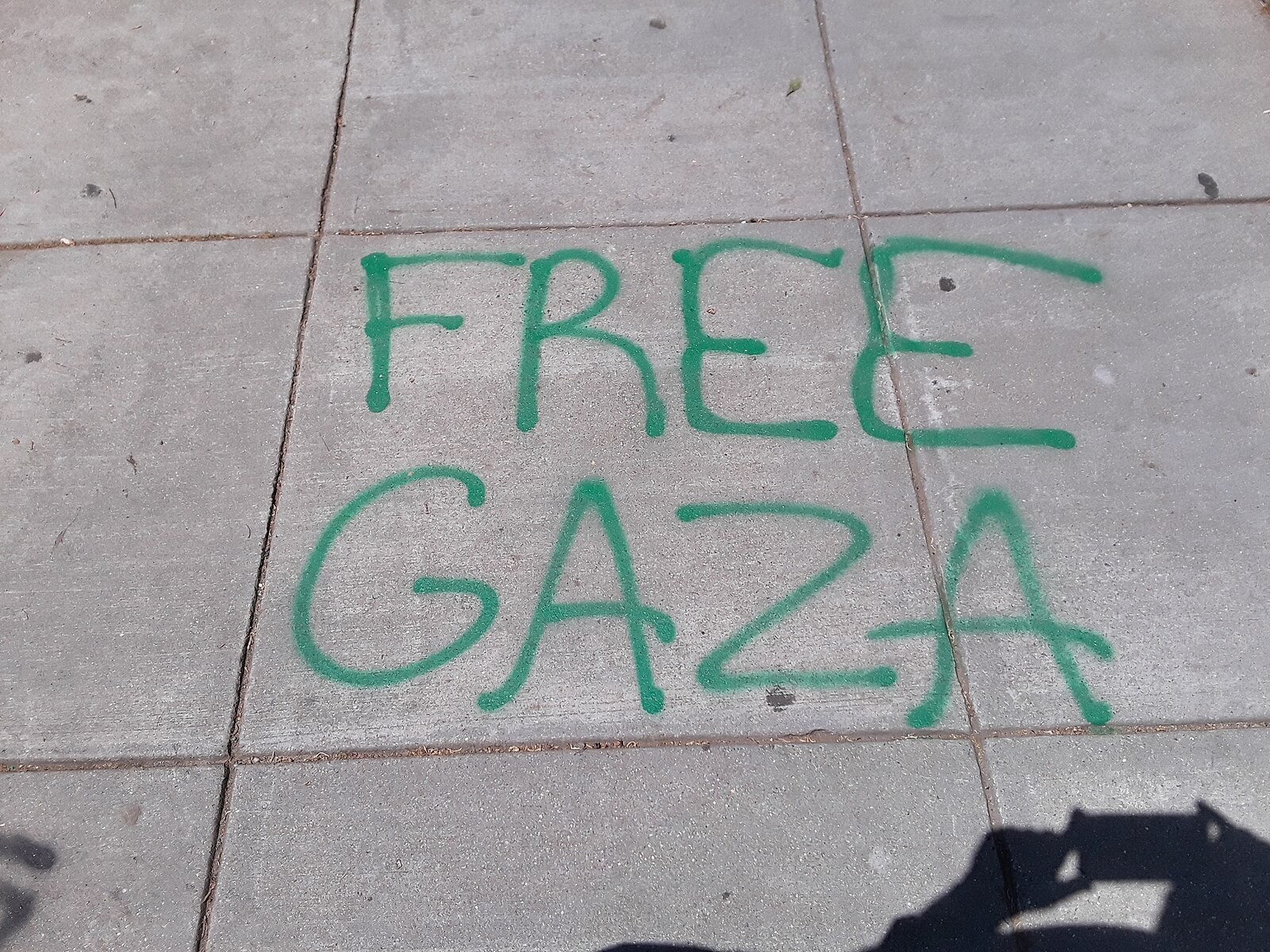 "FREE GAZA" spray painted in capital letters on a sidewalk